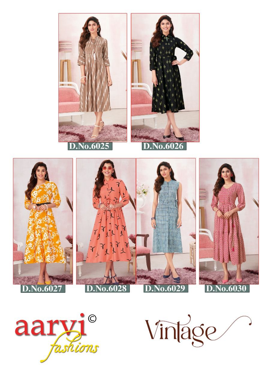 Aarvi Vintage 1 Fancy Party Wear Rayon Printed Designer Kurti Collection
